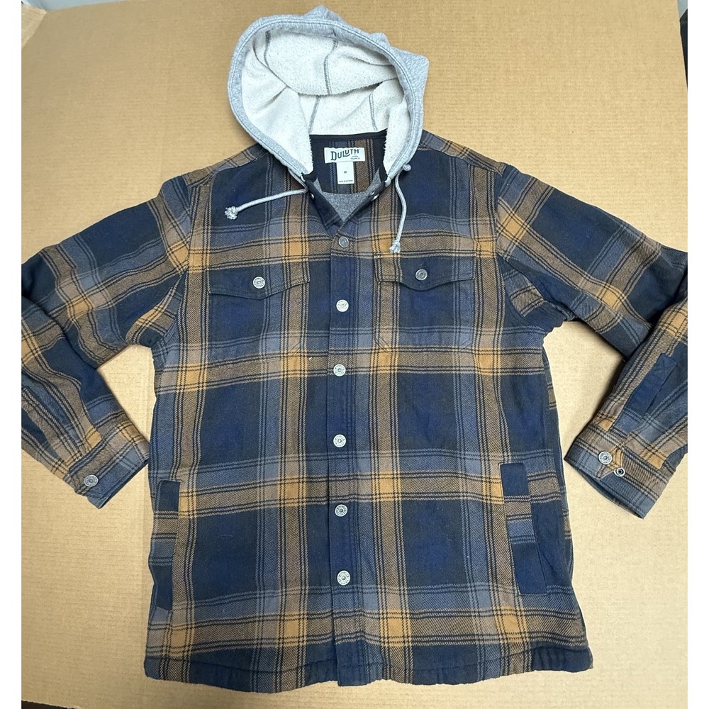 Duluth Trading Co Flannel Jacket Mens M Navy Good Hooded Fleece Lined Plaid